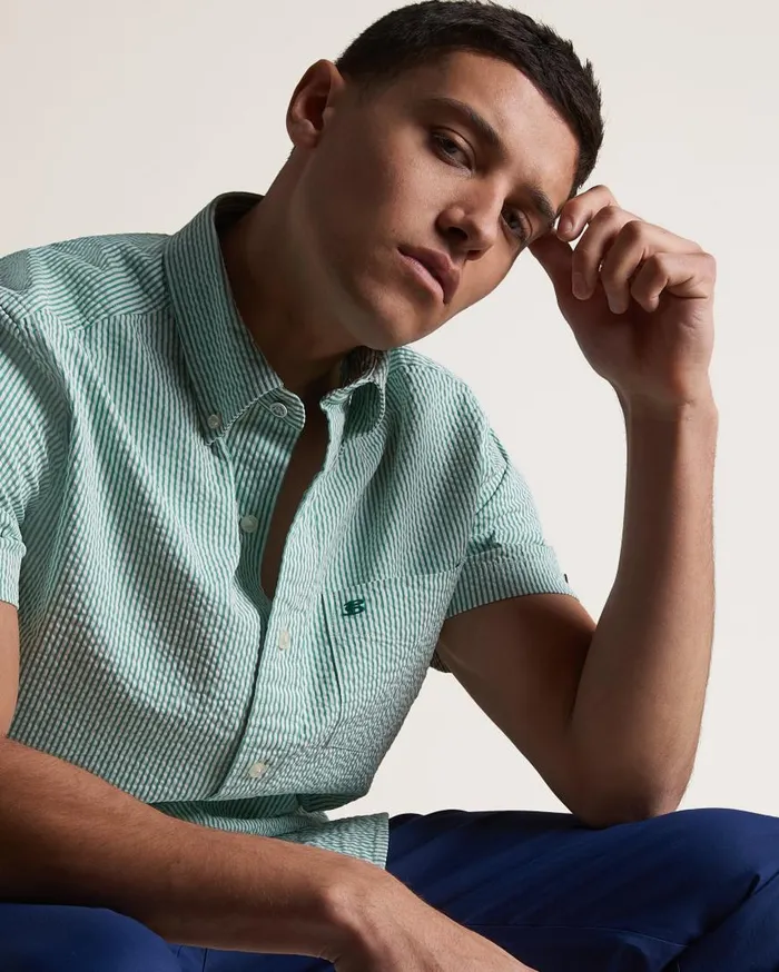 Ben Sherman Short Sleeve Shirts Men Seersucker Short Sleeve Bengal Stripe Shirt 8211 GreenEcru Ben Sherman Short Sleeve Shirts Men Seersucker Short Sleeve Bengal Stripe Shirt 8211 GreenEcru