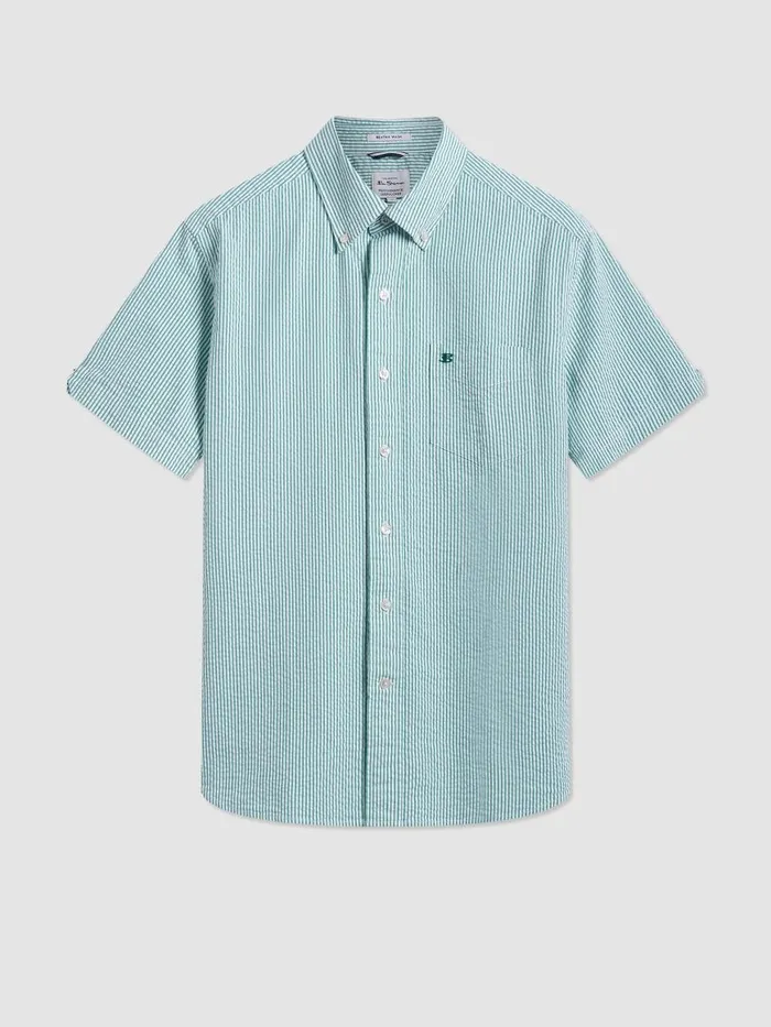 Ben Sherman Short Sleeve Shirts Men Seersucker Short Sleeve Bengal Stripe Shirt 8211 GreenEcru Ben Sherman Short Sleeve Shirts Men Seersucker Short Sleeve Bengal Stripe Shirt 8211 GreenEcru