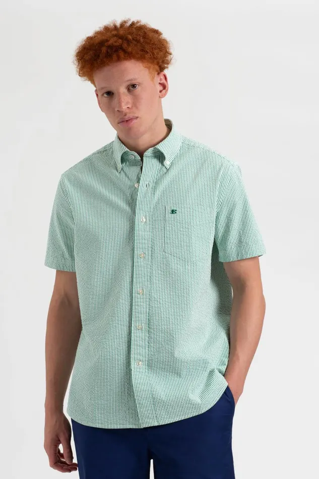Ben Sherman Short Sleeve Shirts Men Seersucker Short Sleeve Bengal Stripe Shirt 8211 GreenEcru Ben Sherman Short Sleeve Shirts Men Seersucker Short Sleeve Bengal Stripe Shirt 8211 GreenEcru