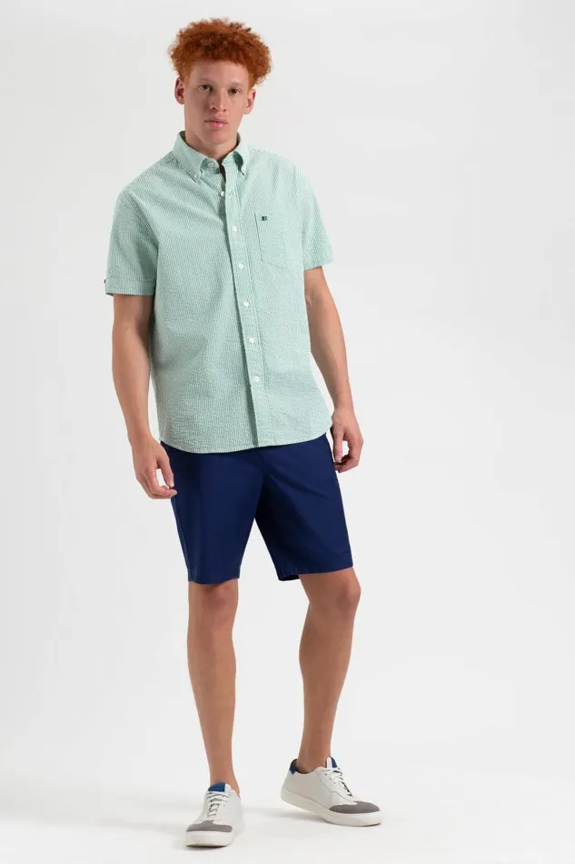 Ben Sherman Short Sleeve Shirts Men Seersucker Short Sleeve Bengal Stripe Shirt 8211 GreenEcru Ben Sherman Short Sleeve Shirts Men Seersucker Short Sleeve Bengal Stripe Shirt 8211 GreenEcru