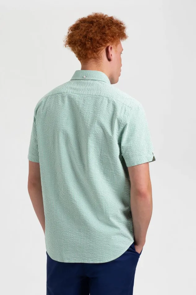 Ben Sherman Short Sleeve Shirts Men Seersucker Short Sleeve Bengal Stripe Shirt 8211 GreenEcru Ben Sherman Short Sleeve Shirts Men Seersucker Short Sleeve Bengal Stripe Shirt 8211 GreenEcru