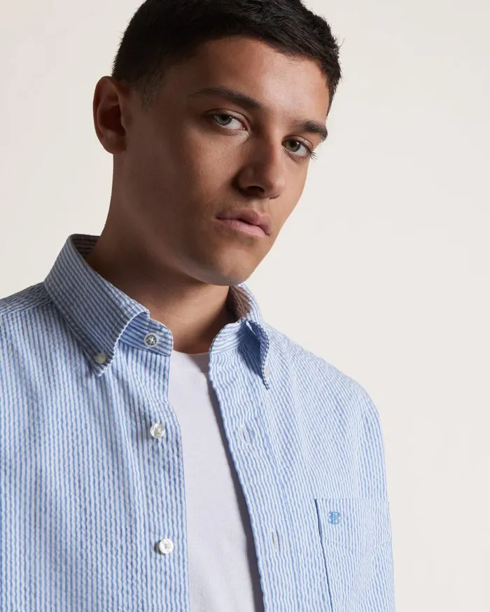 Ben Sherman Short Sleeve Shirts Men Seersucker Short Sleeve Bengal Stripe Shirt 8211 Light BlueEcru Ben Sherman Short Sleeve Shirts Men Seersucker Short Sleeve Bengal Stripe Shirt 8211 Light BlueEcru