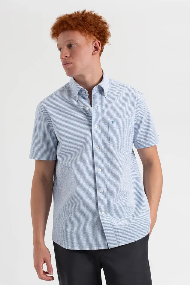 Ben Sherman Short Sleeve Shirts Men Seersucker Short Sleeve Bengal Stripe Shirt 8211 Light BlueEcru Ben Sherman Short Sleeve Shirts Men Seersucker Short Sleeve Bengal Stripe Shirt 8211 Light BlueEcru