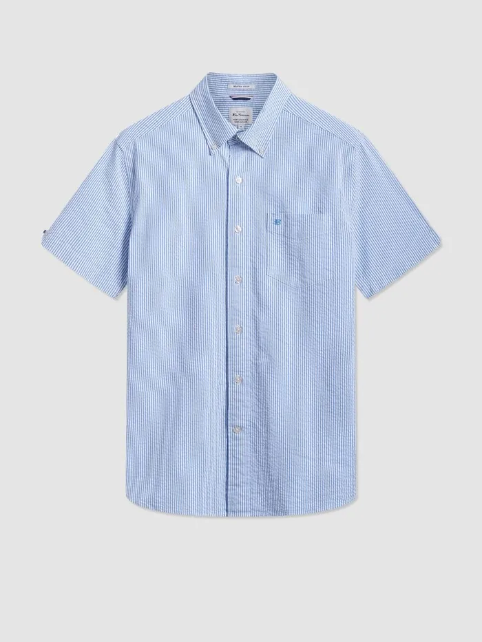 Ben Sherman Short Sleeve Shirts Men Seersucker Short Sleeve Bengal Stripe Shirt 8211 Light BlueEcru Ben Sherman Short Sleeve Shirts Men Seersucker Short Sleeve Bengal Stripe Shirt 8211 Light BlueEcru