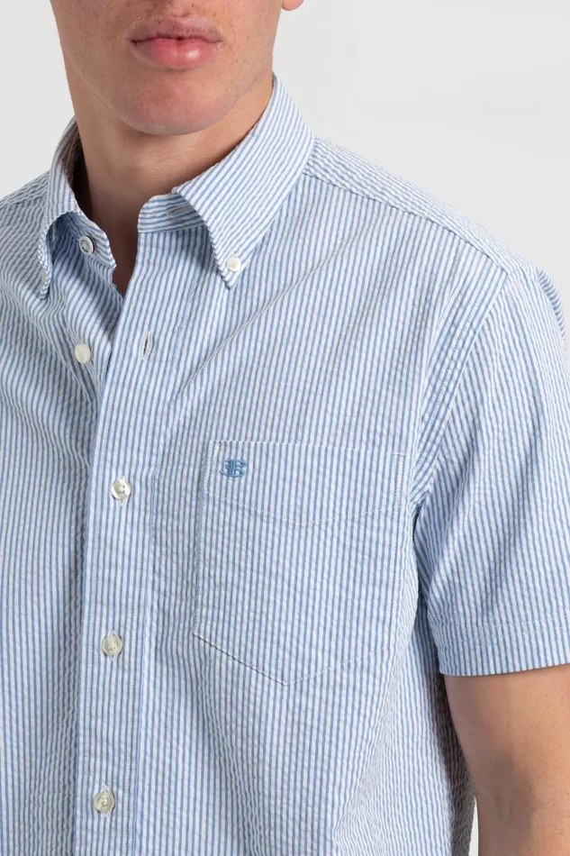 Ben Sherman Short Sleeve Shirts Men Seersucker Short Sleeve Bengal Stripe Shirt 8211 Light BlueEcru Ben Sherman Short Sleeve Shirts Men Seersucker Short Sleeve Bengal Stripe Shirt 8211 Light BlueEcru