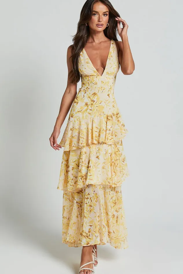 Beryl Midi Dress 8211 Deep V Neck Sleeveless Layered Dress In Yellow Floral Women Showpo Dresses Beryl Midi Dress 8211 Deep V Neck Sleeveless Layered Dress In Yellow Floral Women Showpo Dresses