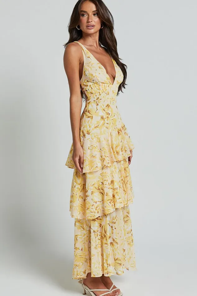 Beryl Midi Dress 8211 Deep V Neck Sleeveless Layered Dress In Yellow Floral Women Showpo Dresses