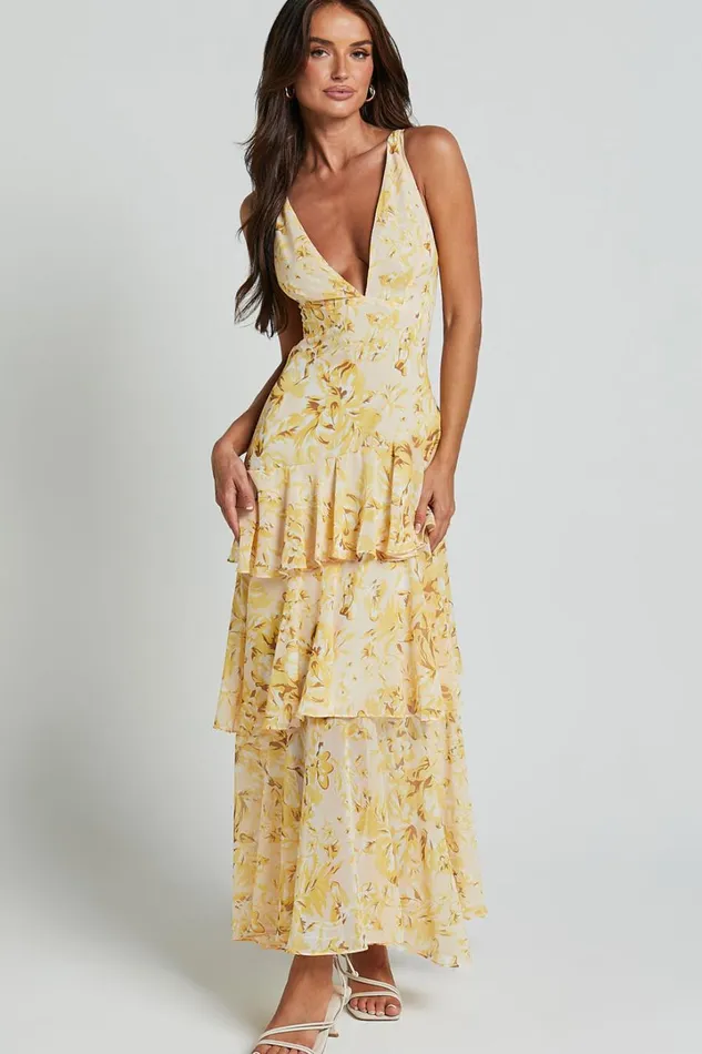 Beryl Midi Dress 8211 Deep V Neck Sleeveless Layered Dress In Yellow Floral Women Showpo Dresses