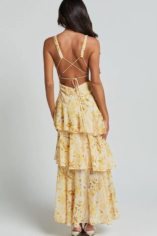 Beryl Midi Dress 8211 Deep V Neck Sleeveless Layered Dress In Yellow Floral Women Showpo Dresses