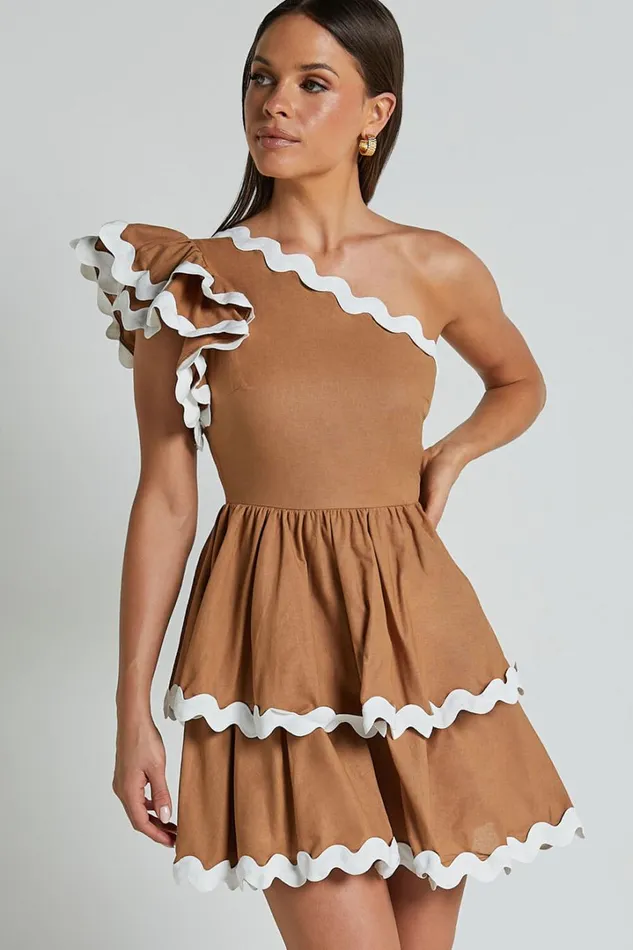 Bette Mini Dress 8211 One Shoulder Ruffle Detail Layered Dress In Tobacco Women Showpo Dresses