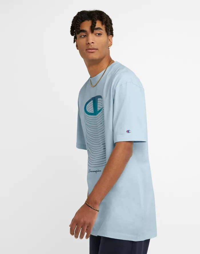 Big and Tall Classic Graphic Tee Stacked C Logos Refine Sky Blue Men Champion TShirts and Tops