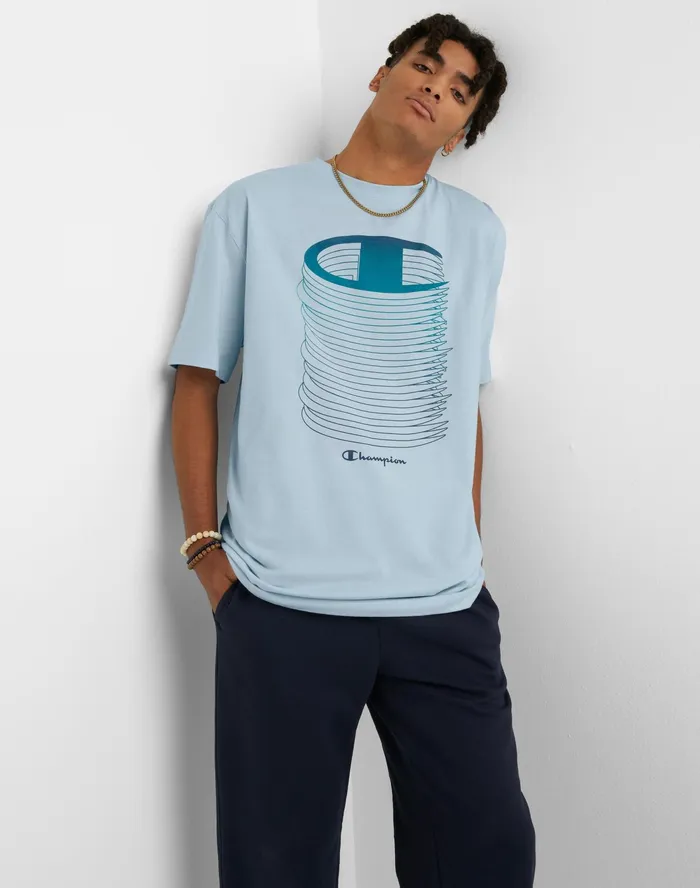 Big and Tall Classic Graphic Tee Stacked C Logos Refine Sky Blue Men Champion TShirts and Tops