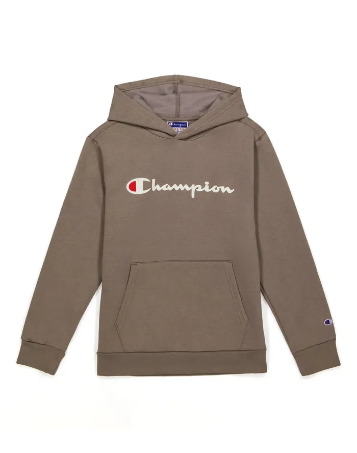 Big Kids039 Powerblend Hoodie Classic Script Logo Sandalwood Grey Kids Champion Hoodies and Sweatshirts