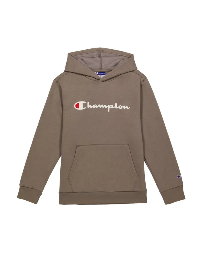 Big Kids039 Powerblend Hoodie Classic Script Logo Sandalwood Grey Kids Champion Hoodies and Sweatshirts