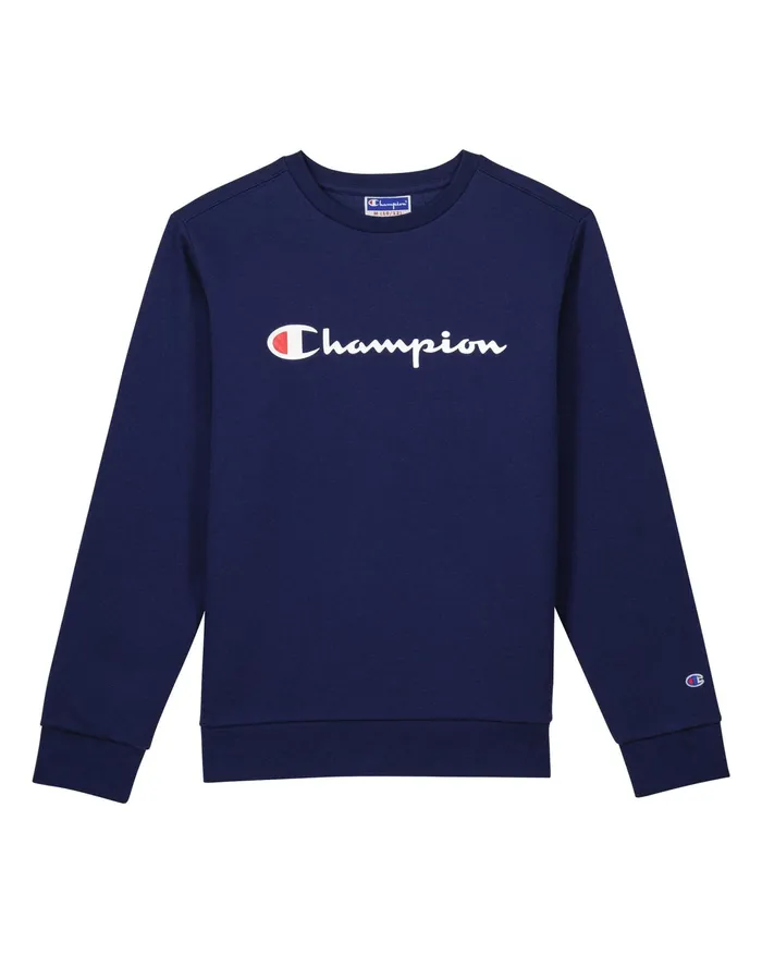 Big Kids Powerblend Crew Classic Script Logo Athletic Navy Kids Champion Hoodies and Sweatshirts