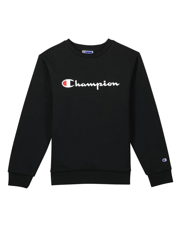 Big Kids Powerblend Crew Classic Script Logo Black Kids Champion Hoodies and Sweatshirts