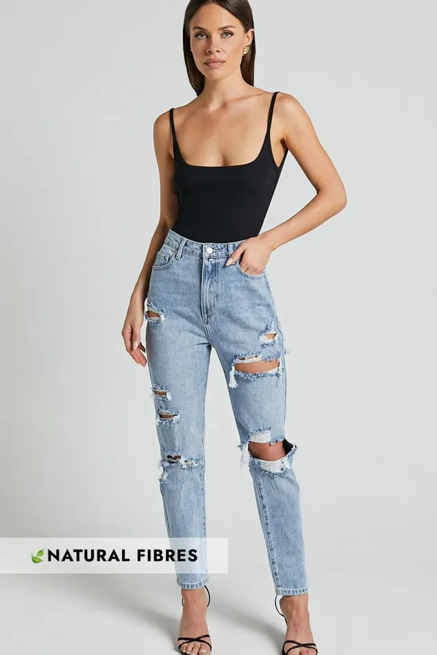 Billie Jeans 8211 High Waisted Cotton Distressed Mom Denim Jeans In Mid Blue Wash Women Showpo Denim