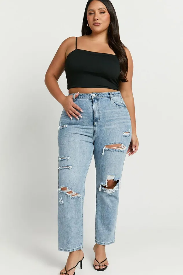 Billie Jeans 8211 High Waisted Cotton Distressed Mom Denim Jeans In Mid Blue Wash Women Showpo Denim