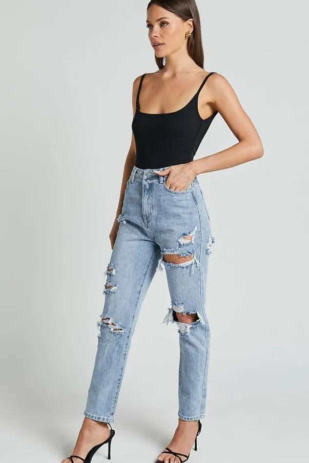 Billie Jeans 8211 High Waisted Cotton Distressed Mom Denim Jeans In Mid Blue Wash Women Showpo Denim
