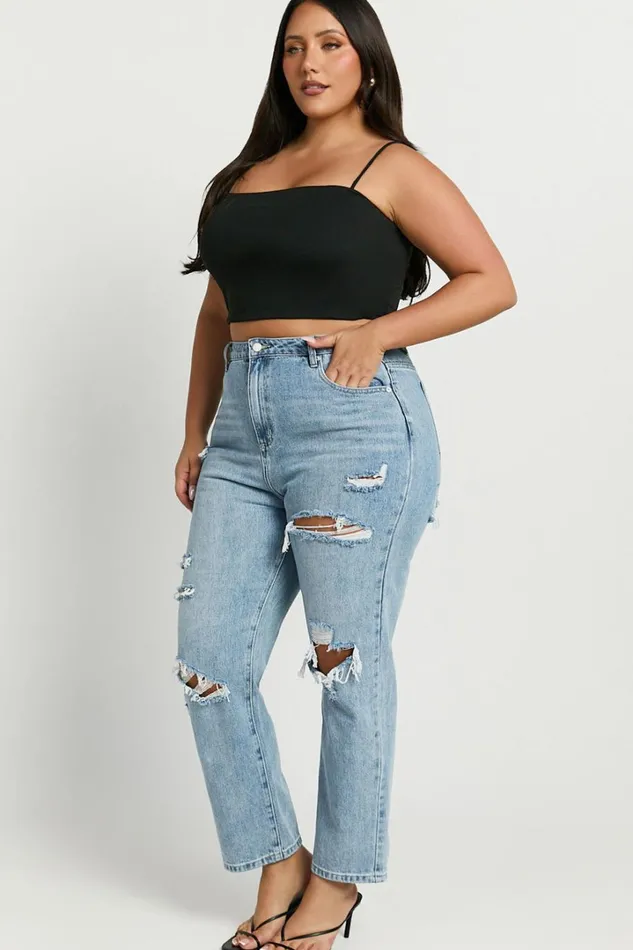 Billie Jeans 8211 High Waisted Cotton Distressed Mom Denim Jeans In Mid Blue Wash Women Showpo Denim