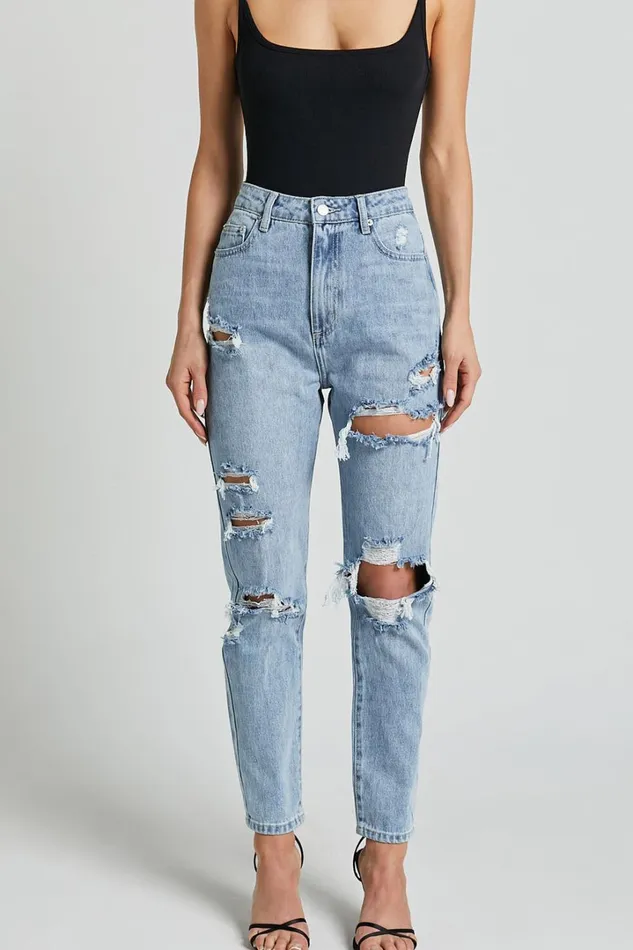 Billie Jeans 8211 High Waisted Cotton Distressed Mom Denim Jeans In Mid Blue Wash Women Showpo Denim