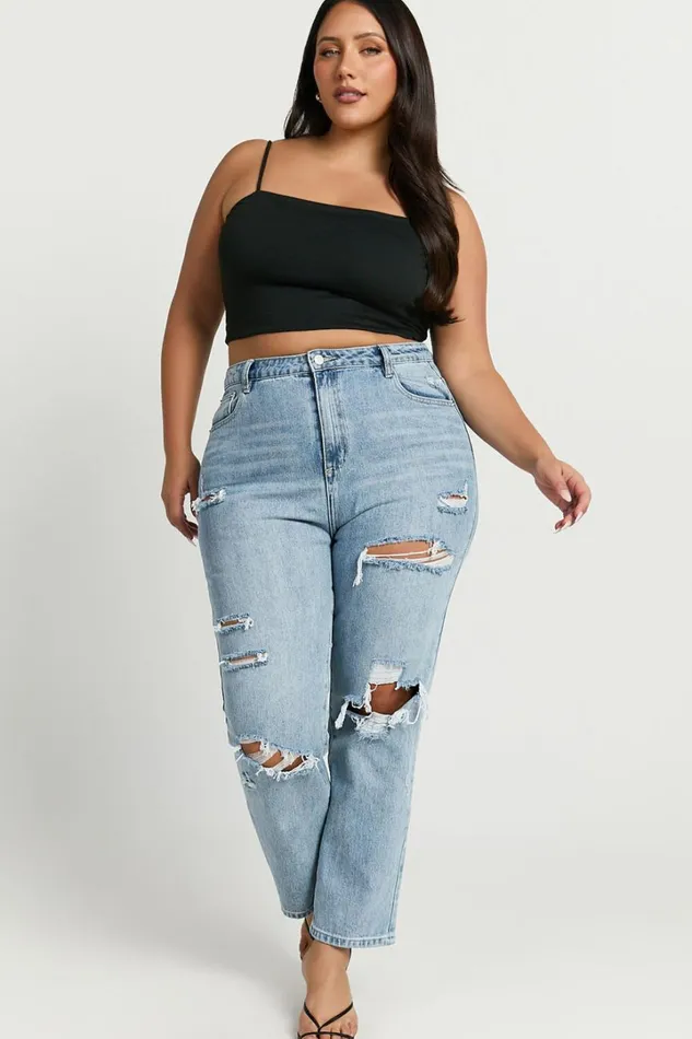 Billie Jeans 8211 High Waisted Cotton Distressed Mom Denim Jeans In Mid Blue Wash Women Showpo Denim