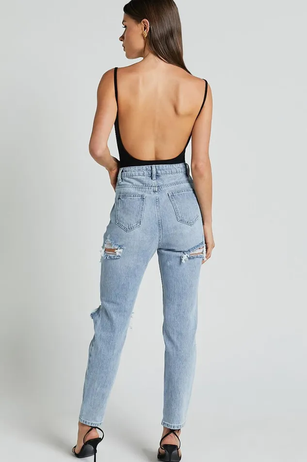 Billie Jeans 8211 High Waisted Cotton Distressed Mom Denim Jeans In Mid Blue Wash Women Showpo Denim