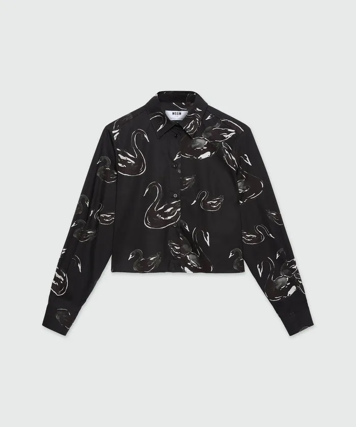 Black Poplin Shirt With Swan Print Women MSGM Tops And Shirts