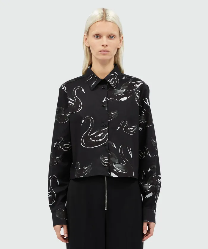 Black Poplin Shirt With Swan Print Women MSGM Tops And Shirts