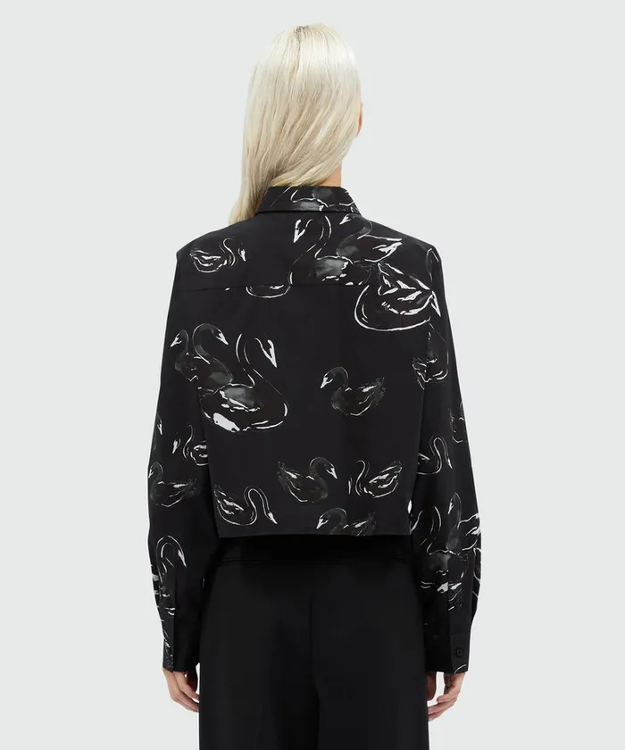 Black Poplin Shirt With Swan Print Women MSGM Tops And Shirts