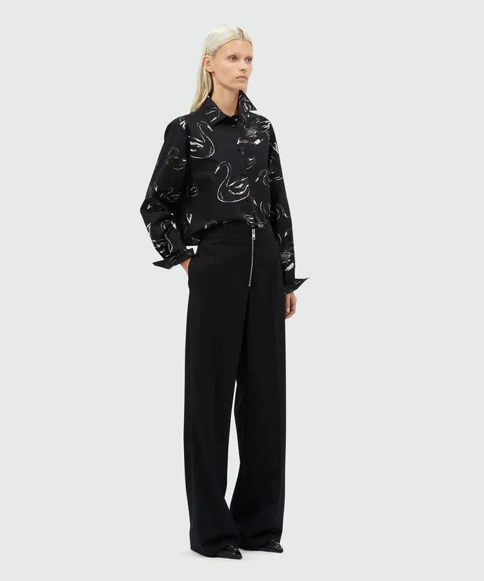 Black Poplin Shirt With Swan Print Women MSGM Tops And Shirts