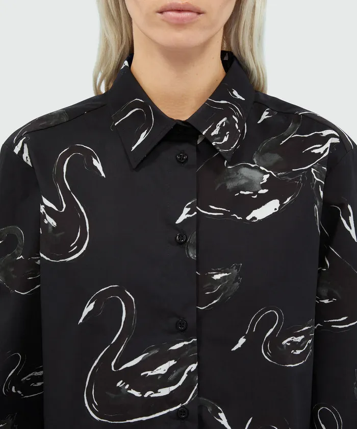 Black Poplin Shirt With Swan Print Women MSGM Tops And Shirts