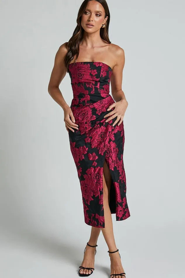 Brailey Midi Dress 8211 Thigh Split Strapless Dress In BLACKPINK Women Showpo Dresses