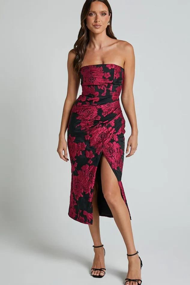 Brailey Midi Dress 8211 Thigh Split Strapless Dress In BLACKPINK Women Showpo Dresses
