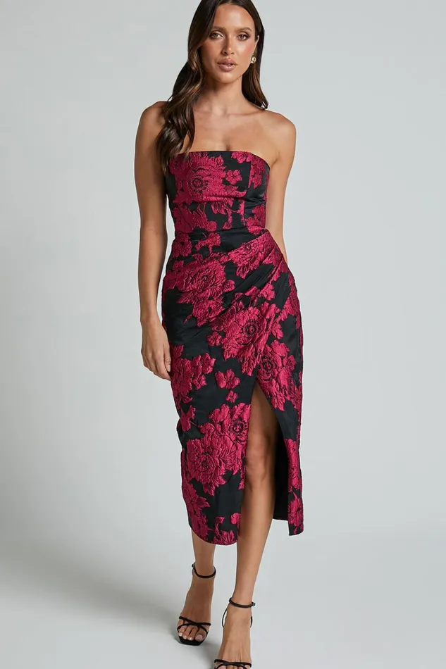 Brailey Midi Dress 8211 Thigh Split Strapless Dress In BLACKPINK Women Showpo Dresses