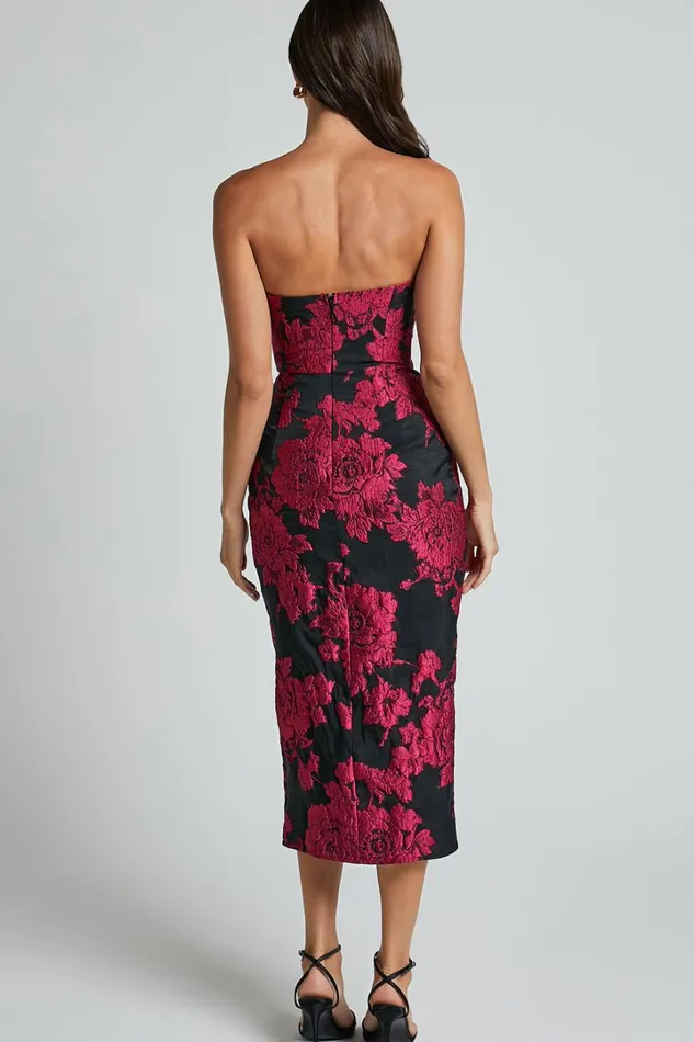 Brailey Midi Dress 8211 Thigh Split Strapless Dress In BLACKPINK Women Showpo Dresses