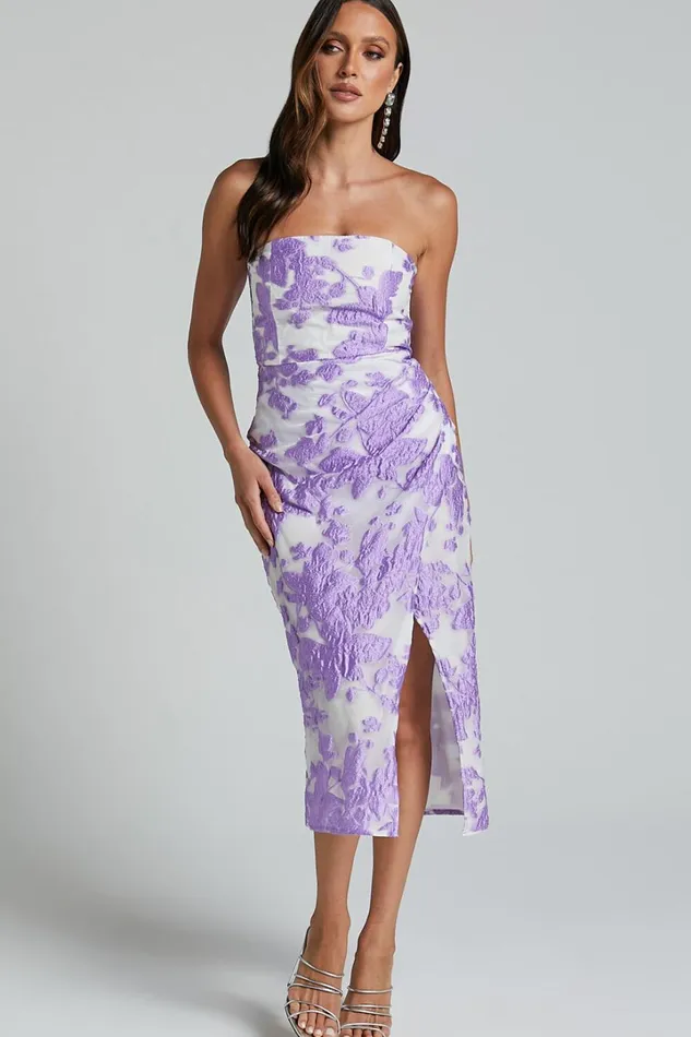 Brailey Midi Dress 8211 Thigh Split Strapless Dress In Purple Jacquard Women Showpo Curve Clothes Brailey Midi Dress 8211 Thigh Split Strapless Dress In Purple Jacquard Women Showpo Curve Clothes