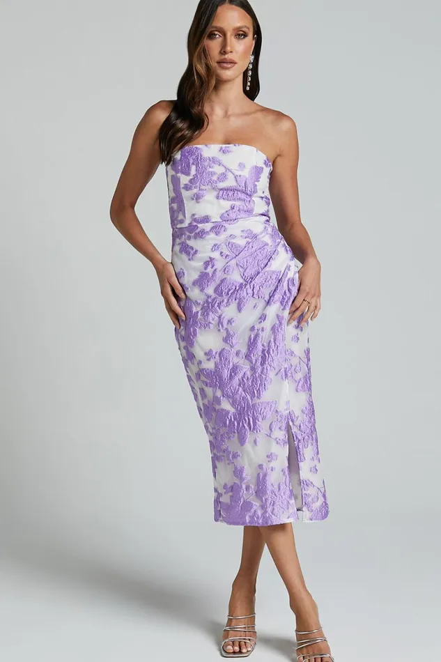 Brailey Midi Dress 8211 Thigh Split Strapless Dress In Purple Jacquard Women Showpo Curve Clothes