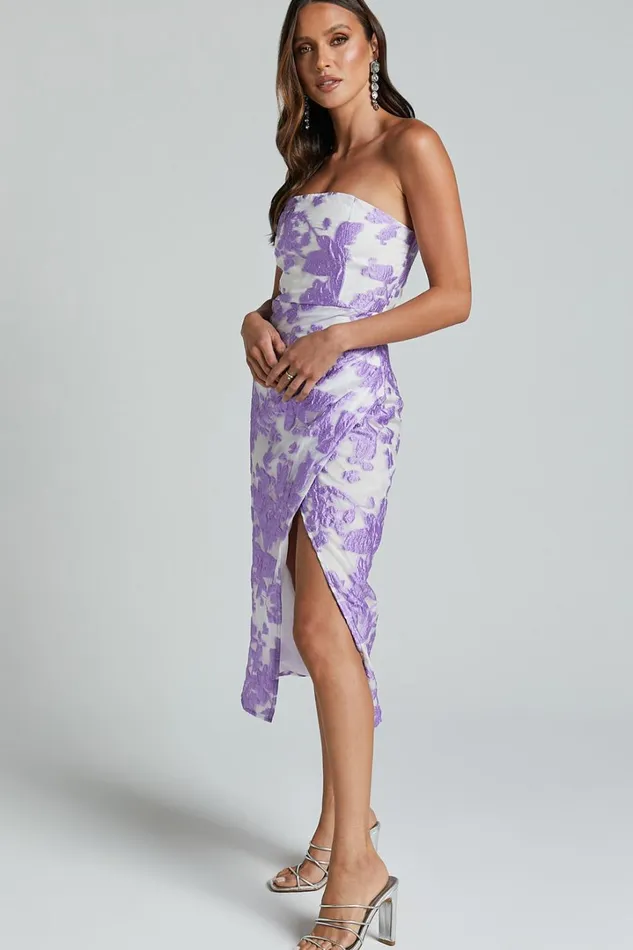 Brailey Midi Dress 8211 Thigh Split Strapless Dress In Purple Jacquard Women Showpo Curve Clothes