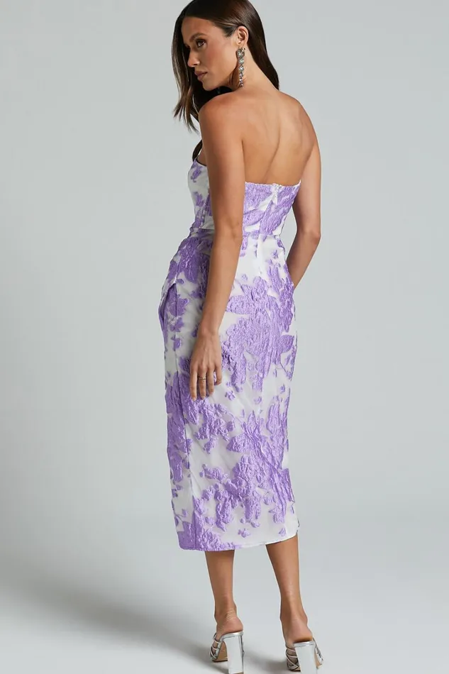 Brailey Midi Dress 8211 Thigh Split Strapless Dress In Purple Jacquard Women Showpo Curve Clothes