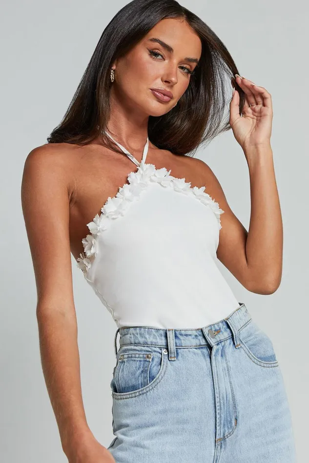 Brenda Top 8211 Diamond Halter Mesh Floral Detail Bodysuit In White Women Showpo Tops