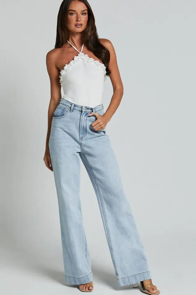 Brenda Top 8211 Diamond Halter Mesh Floral Detail Bodysuit In White Women Showpo Tops