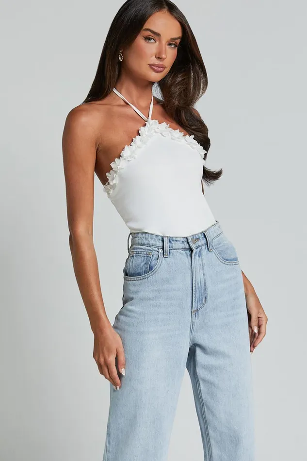 Brenda Top 8211 Diamond Halter Mesh Floral Detail Bodysuit In White Women Showpo Tops
