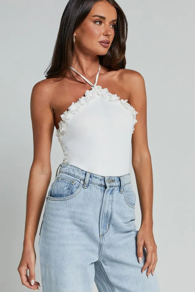 Brenda Top 8211 Diamond Halter Mesh Floral Detail Bodysuit In White Women Showpo Tops