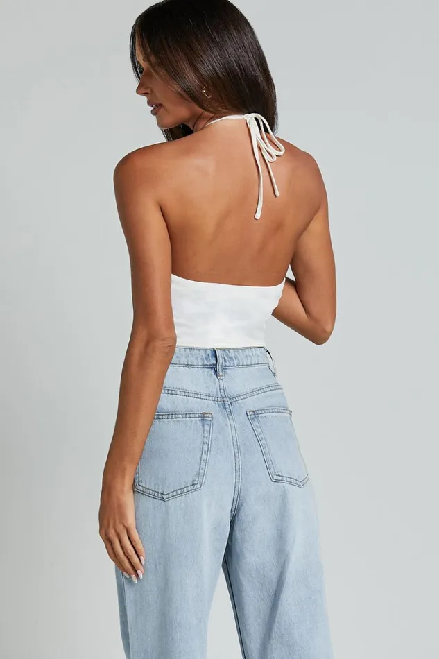Brenda Top 8211 Diamond Halter Mesh Floral Detail Bodysuit In White Women Showpo Tops