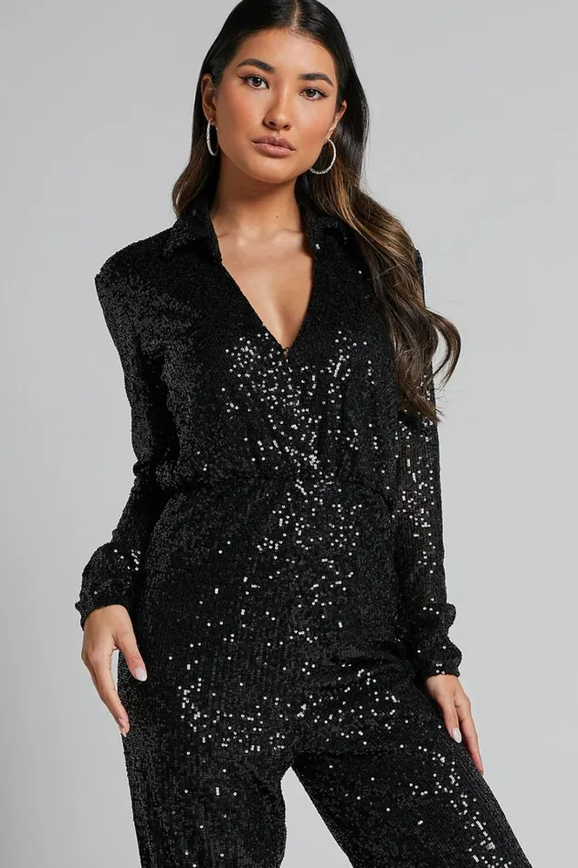 Briella Jumpsuit 8211 Sequin Collared Plunge Wrap Long Sleeve In Black Women Showpo Jumpsuits