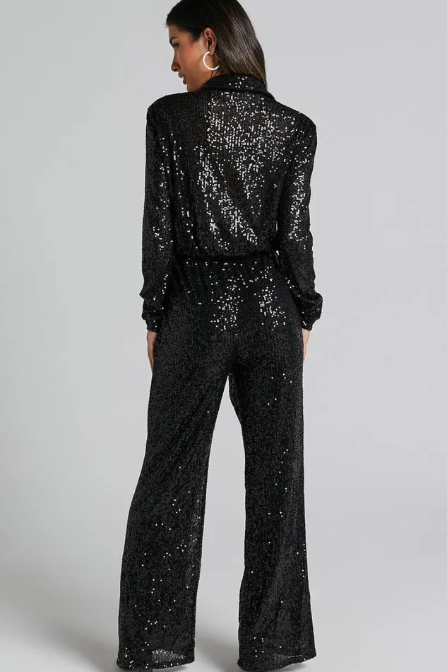 Briella Jumpsuit 8211 Sequin Collared Plunge Wrap Long Sleeve In Black Women Showpo Jumpsuits