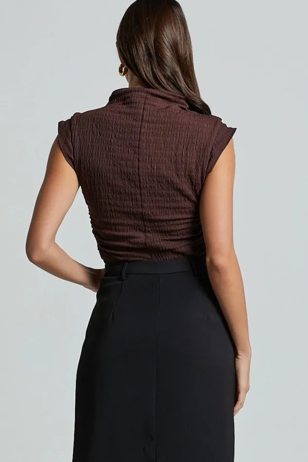 Brionne Top 8211 High Neck Cap Sleeve Top In Dark Oak Women Showpo Curve Clothes
