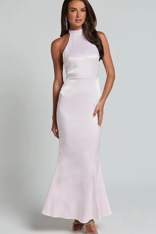 Britany Maxi Dress 8211 Halter Neck Backless Ribbon Detail Fit And Flare Dress In Pink Women Showpo Dresses