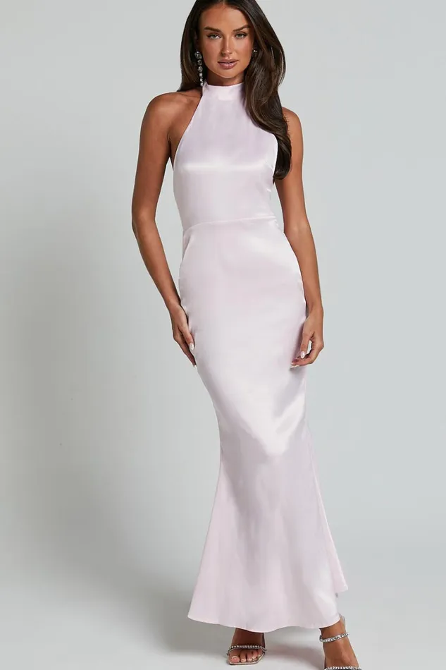 Britany Maxi Dress 8211 Halter Neck Backless Ribbon Detail Fit And Flare Dress In Pink Women Showpo Dresses